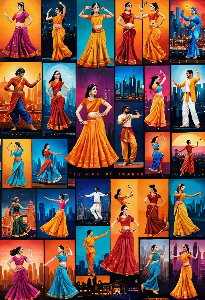 A captivating collage showcasing the evolution of Indian cinema, featuring iconic dance scenes on one side blending into vivid adult narratives on the other. Include classical elements like Bollywood dancers in traditional attire, transitioning into moody, dramatic scenes with adult themes. Use a cinematic backdrop with film reels and a vibrant city skyline indicating change. Emphasize rich colors and textures to highlight the contrast in storytelling styles. painting. vibrant colors.