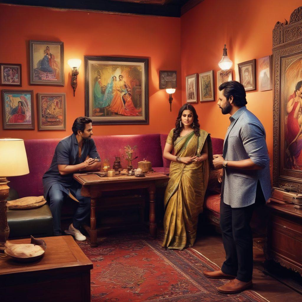 A snapshot of Bollywood stars backstage, captured in a candid moment as they discuss mature content. The scene includes posters of iconic films, a bustling crew with cameras, and vibrant lighting highlighting their expressions of excitement and contemplation. Show a mix of traditional Indian decor with modern film equipment, emphasizing the blend of culture and contemporary themes. super-realistic. vibrant colors. dynamic lighting.