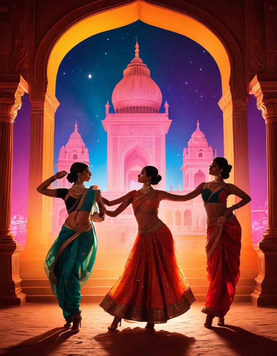 A vibrant film set featuring a dynamic Bollywood dance scene merging glamorous costumes with a suggestive atmosphere, includes colorful lights illuminating the background. Silhouettes of dancers captured in mid-motion, surrounded by iconic Indian architecture. In the foreground, a film camera and a vintage projector hint at the cinematic journey. Illustrative style with vivid colors, emphasizing the cultural fusion and excitement of the theme. vector art. vibrant colors.